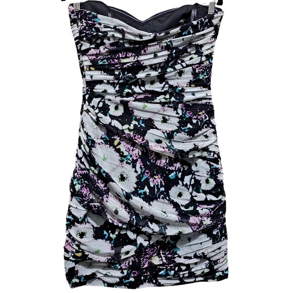 BCBGMAXAZRIA Strapless Floral Print Dress Size 8 Black Multi-Color Ruched Bodyco - Picture 1 of 11